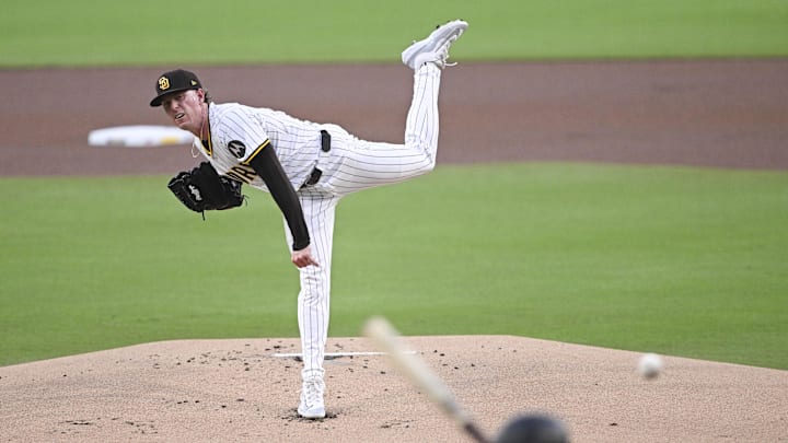 Aug 20, 2025; San Diego, California, USA; San Diego Padres starting pitcher JP Sears  (38) delivers during the first inning against the San Francisco Giants at Petco Park. Mandatory Credit: Denis Poroy-Imagn Images