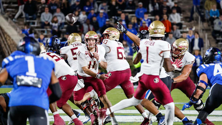 Oct 18, 2024; Durham, North Carolina, USA; Florida State Seminoles quarterback Brock Glenn (11) throws the football during the first half of the game against Duke Blue Devils at Wallace Wade Stadium. Mandatory Credit: Jaylynn Nash-Imagn Images