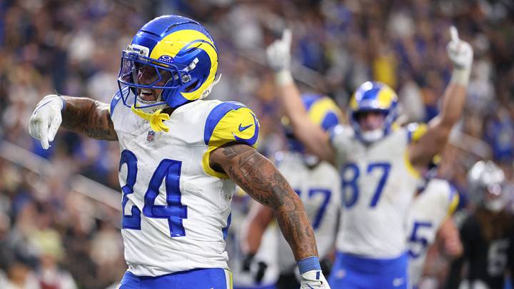 Oct 25, 2026; Paradise, Nevada, USA; Los Angeles Rams running back Blake Corum (24) reacts after rushing for a touchdown against the Las Vegas Raiders in the second half at Allegiant Stadium. Mandatory Credit: David Brytus-Imagn Images Oct 25, 2026; Paradise, Nevada, USA; Los Angeles Rams running back Blake Corum (24) reacts after rushing for a touchdown against the Las Vegas Raiders in the second half at Allegiant Stadium. Mandatory Credit: David Brytus-Imagn Images