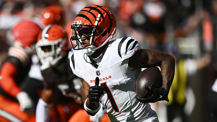 Oct 20, 2024; Cleveland, Ohio, USA; Cincinnati Bengals wide receiver Ja'Marr Chase (1) runs with the ball during the first quarter against the Cleveland Browns at Huntington Bank Field. Mandatory Credit: Ken Blaze-Imagn Images