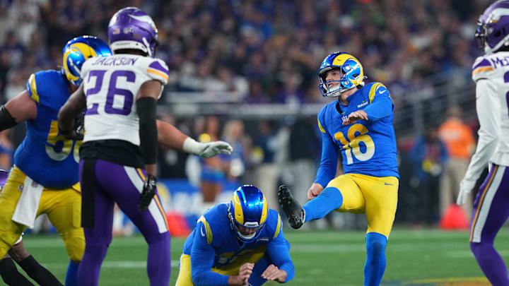 Jan 13, 2025; Glendale, AZ, USA; Los Angeles Rams place kicker Joshua Karty (16) kicks a field goal against the Minnesota Vikings during the second half in an NFC wild card game at State Farm Stadium. Mandatory Credit: Joe Camporeale-Imagn Images