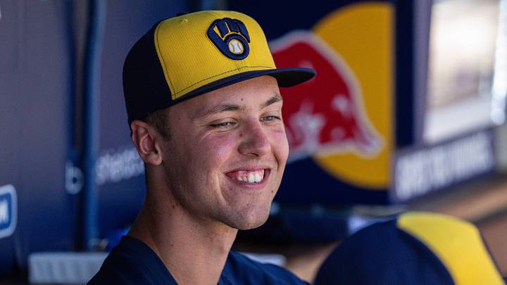 Aug 16, 2026; Los Angeles, California, USA; Milwaukee Brewers pitcher Jacob Misiorowski (32) during pregame against the Los Angeles Dodgers at Dodger Stadium. Mandatory Credit: Jon Endow-Imagn Images