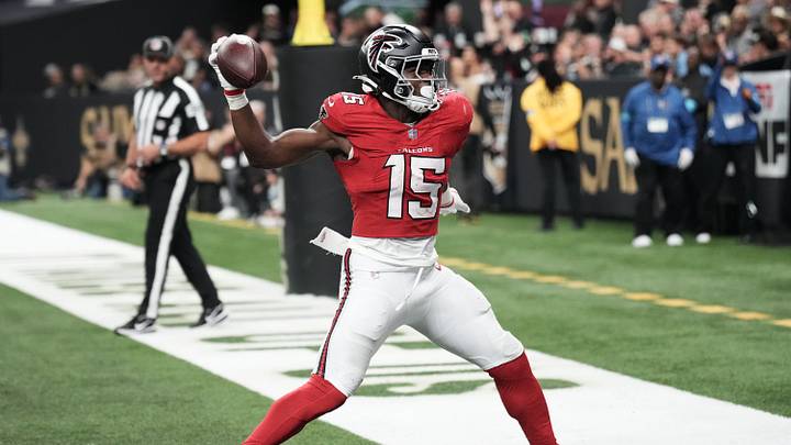 Oct 5, 2026; New Orleans, Louisiana, USA;  Atlanta Falcons running back Brian Robinson (15) celebrates after scoring a touchdown against the New Orleans Saints during the second half at Caesars Superdome.  Mandatory Credit: Matthew Hinton-Imagn Images
