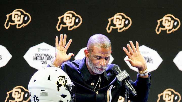 Colorado head coach Deion Sanders speaks to reporters during Big 12 Conference Football Media Days at The Star. Colorado head coach Deion Sanders speaks to reporters during Big 12 Conference Football Media Days at The Star.