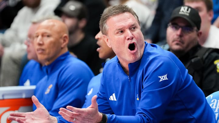 Feb 22, 2025; Lawrence, Kansas, USA; Kansas Jayhawks head coach Bill Self reacts to play against the Oklahoma State Cowboys during the second half at Allen Fieldhouse. Mandatory Credit: Denny Medley-Imagn Images