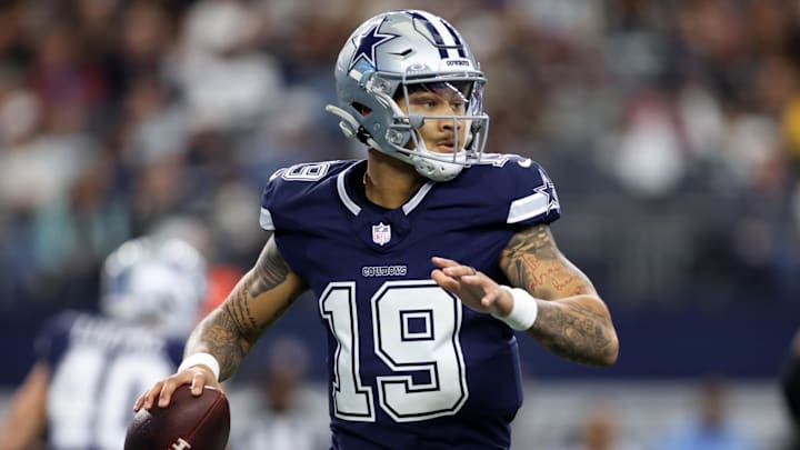 Jan 5, 2025; Arlington, Texas, USA; Dallas Cowboys quarterback Trey Lance (19) throws a pass against the Washington Commanders during the first quarter at AT&T Stadium. Mandatory Credit: Tim Heitman-Imagn Images