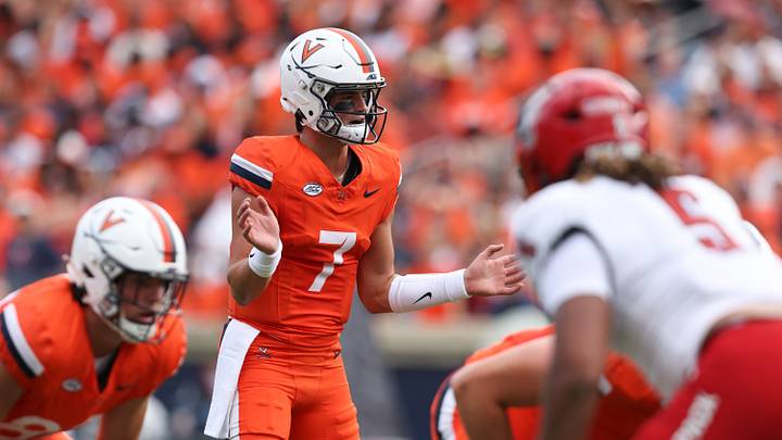 Aug 29, 2026; Charlottesville, Virginia, USA; Virginia Cavaliers quarterback Beau Pribula (7) pre-snap during the first quarter against the North Carolina State Wolfpack at Scott Stadium. Mandatory Credit: Greg Atkins-Imagn Images Aug 29, 2026; Charlottesville, Virginia, USA; Virginia Cavaliers quarterback Beau Pribula (7) pre-snap during the first quarter against the North Carolina State Wolfpack at Scott Stadium. Mandatory Credit: Greg Atkins-Imagn Images