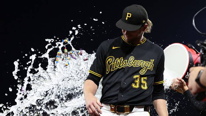 Aug 18, 2026; Pittsburgh, Pennsylvania, USA;  Pittsburgh Pirates starting pitcher Braxton Ashcraft (35) is doused with water after earning a win against  the Detroit Tigers at PNC Park. Mandatory Credit: Charles LeClaire-Imagn Images