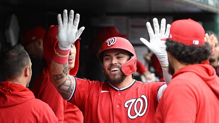 Sep 27, 2026; Washington, District of Columbia, USA; Washington Nationals first baseman Andrés Chaparro (87) congratulated by teammates after hitting a solo home run against the New York Mets during the fifth inning at Nationals Park. Mandatory Credit: Brad Mills-Imagn Images