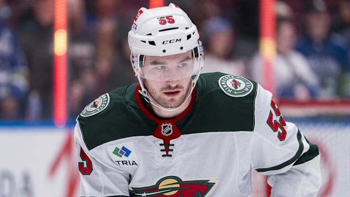 Mar 7, 2025; Vancouver, British Columbia, CAN;  Minnesota Wild defenseman David Jiricek (55) skates during warm up prior to a game against the Vancouver Canucks at Rogers Arena. Mandatory Credit: Bob Frid-Imagn Images