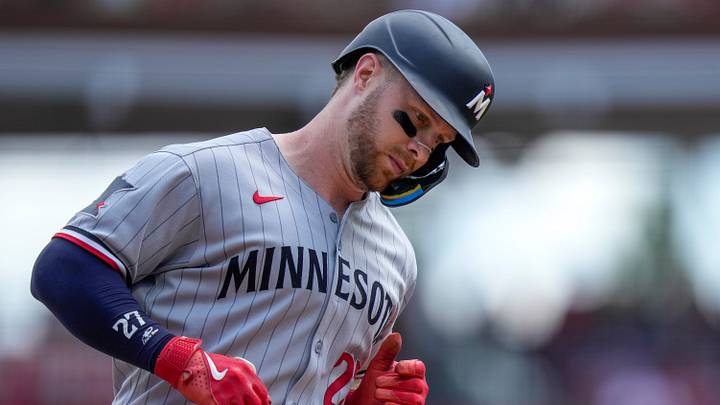 Minnesota Twins catcher Ryan Jeffers (27) rounds third on a two-run home run in the eighth inning of the MLB interleague game between the Cincinnati Reds and the Minnesota Twins at Great American Ball Park in downtown Cincinnati on Thursday, June 19, 2025. The Twins won, 12-5.