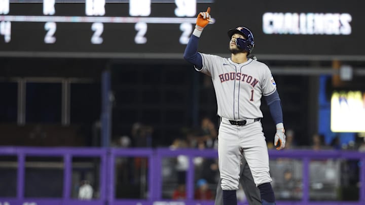 Aug 6, 2025; Miami, Florida, USA;  Houston Astros shortstop Carlos Correa (1) reacts to his double against the Miami Marlins during the fifth inning at loanDepot Park. Mandatory Credit: Rhona Wise-Imagn Images