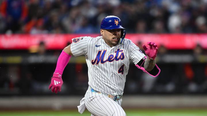 May 12, 2026; New York City, New York, USA; New York Mets catcher Francisco Alvarez (4) races to first base after driving in a run on a fielders choice during the second inning against the Detroit Tigers at Citi Field. Mandatory Credit: John Jones-Imagn Images