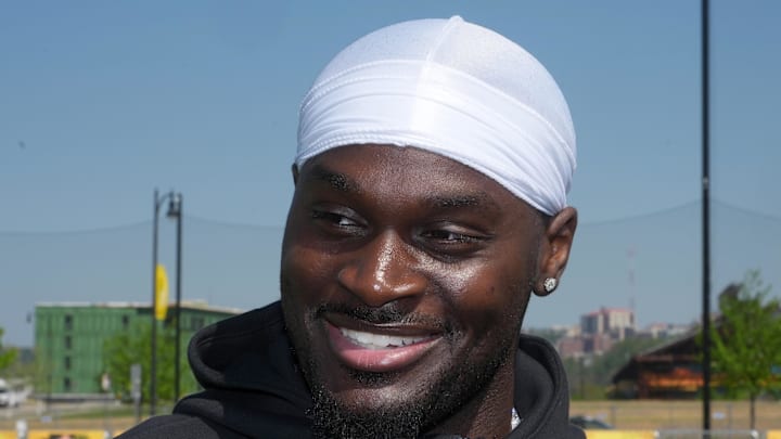 Notre Dame Fighting Irish running back Jeremiyah Love during the NFL Draft prospects clinic