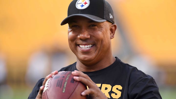 Aug 26, 2017; Pittsburgh, PA, USA; Former Pittsburgh Steelers wide receiver Hines Ward throws the ball with fans before the Pittsburgh Steelers play the Indianapolis Colts at Heinz Field. Mandatory Credit: Philip G. Pavely-Imagn Images