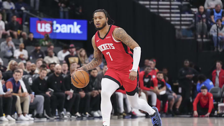 Apr 9, 2025; Inglewood, California, USA; Houston Rockets guard Cam Whitmore (7) dribbles against the Los Angeles Clippers in the second half at Intuit Dome. Mandatory Credit: Kirby Lee-Imagn Images