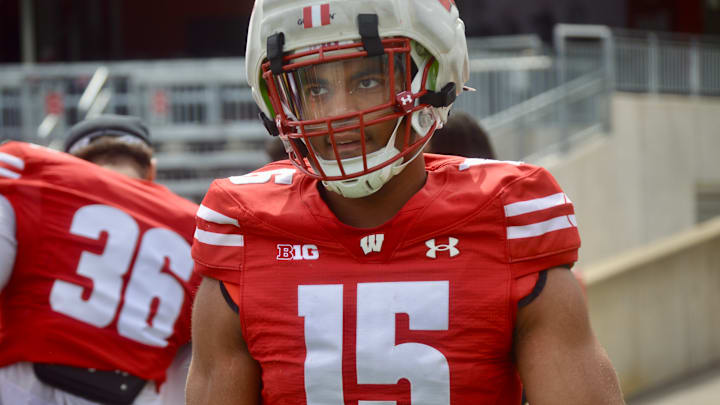 Wisconsin outside linebacker Sebastian Cheeks warms up during the Badgers' spring showcase April 19.