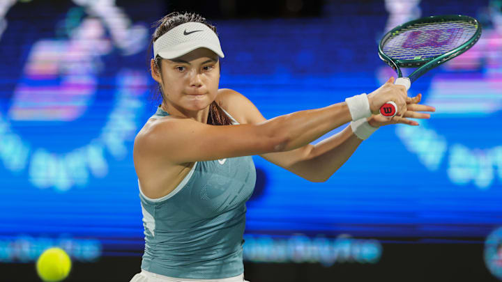 Emma Raducanu competes in the 2025 Dubai Duty Free Tennis Championships.