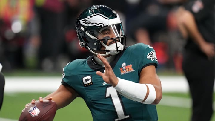 Feb 9, 2025; New Orleans, LA, USA; Philadelphia Eagles quarterback Jalen Hurts (1) practices before Super Bowl LIX against the Kansas City Chiefs at Caesars Superdome. Mandatory Credit: Kirby Lee-Imagn Images
