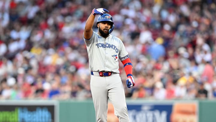 Toronto Blue Jays first baseman Vladimir Guerrero Jr. (27) reacts after hitting a two-run RBI double against the Boston Red Sox during the third inning at Fenway Park on June 25. Toronto Blue Jays first baseman Vladimir Guerrero Jr. (27) reacts after hitting a two-run RBI double against the Boston Red Sox during the third inning at Fenway Park on June 25.