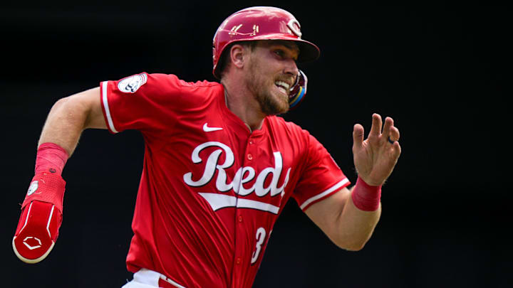 Cincinnati Reds catcher Tyler Stephenson (37) comes around third to score from first on an RBI double by Spencer Steer in the first inning of the MLB interleague game between the Cincinnati Reds and the Minnesota Twins at Great American Ball Park in downtown Cincinnati on Thursday, June 19, 2025. The Twins led 9-4 after four innings.