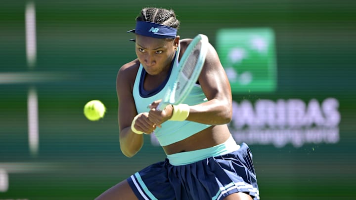 Mar 10, 2025; Indian Wells, CA, USA;  Coco Gauff (USA) hits a shot as she defeated Maria Sakkari (not pictured) in the third round of the BNP Paribas Open at the Indian Well Tennis Garden.