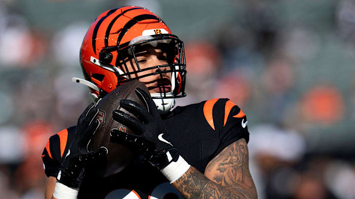Cincinnati Bengals tight end Erick All Jr. (83) catches a pass before the NFL game between the Cincinnati Bengals and the Las Vegas Raiders at Paycor Stadium in Cincinnati on Sunday, Nov. 3, 2024.