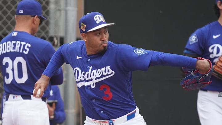 Feb 13, 2026; Glendale, AZ, USA; Los Angeles Dodgers pitcher Edwin Diaz (3) throws in the bullpen during spring training camp. Mandatory Credit: Rick Scuteri-Imagn Images