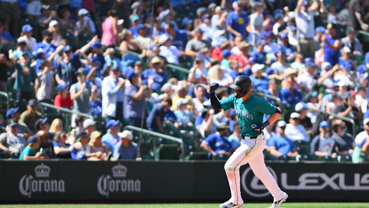  Seattle Mariners right fielder Mitch Haniger (17) runs the bases after hitting a home run against the Toronto Blue Jays during the ninth inning at T-Mobile Park on July 6.