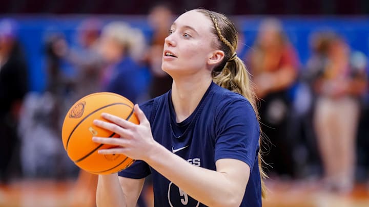Apr 4, 2024; Cleveland, OH, USA; UConn Huskies guard Paige Bueckers during practice at Rocket Mortgage FieldHouse. Mandatory Credit: Kirby Lee-Imagn Images