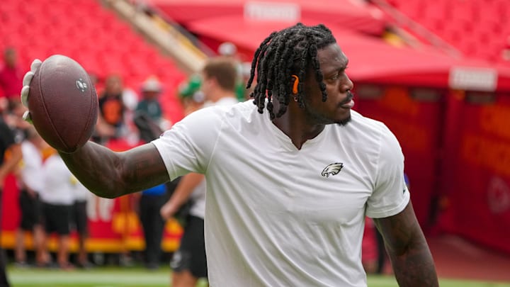 Sep 14, 2025; Kansas City, Missouri, USA; Philadelphia Eagles wide receiver A.J. Brown (11) warms up against the Kansas City Chiefs prior to a game at GEHA Field at Arrowhead Stadium. Mandatory Credit: Denny Medley-Imagn Images