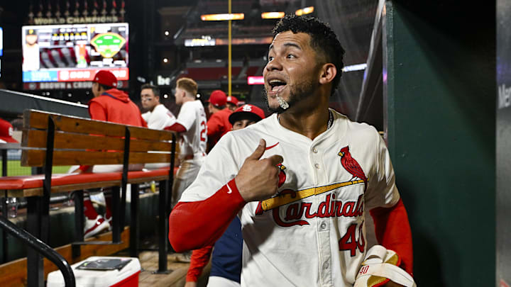 Aug 25, 2025; St. Louis, Missouri, USA;  St. Louis Cardinals designated hitter Willson Contreras (40) yells from the dugout  after he was ejected by umpire Derek Thomas (not pictured) during the seventh inning against the Pittsburgh Pirates at Busch Stadium. Mandatory Credit: Jeff Curry-Imagn Images