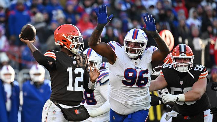 Dec 21, 2025; Cleveland, Ohio, USA; Buffalo Bills defensive tackle Deone Walker (96) applies pressure on Cleveland Browns quarterback Shedeur Sanders (12) during the second half at Huntington Bank Field. Dec 21, 2025; Cleveland, Ohio, USA; Buffalo Bills defensive tackle Deone Walker (96) applies pressure on Cleveland Browns quarterback Shedeur Sanders (12) during the second half at Huntington Bank Field.