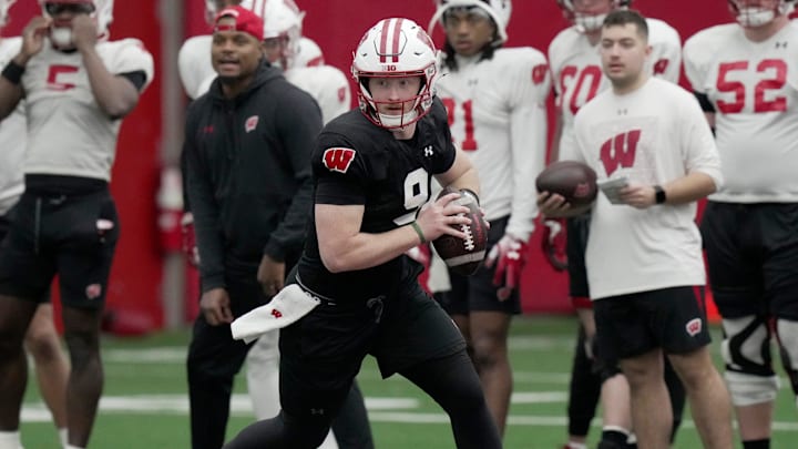 Wisconsin quarterback Billy Edwards Jr. (9) is shown during spring football practice Thursday, April 3, 2025 in Madison, Wisconsin. Mark Hoffman/Milwaukee Journal Sentinel