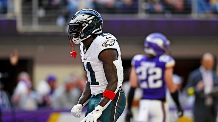 Oct 19, 2025; Minneapolis, Minnesota, USA; Philadelphia Eagles wide receiver A.J. Brown (11) celebrates a touchdown during the second half against the Minnesota Vikings at U.S. Bank Stadium. Oct 19, 2025; Minneapolis, Minnesota, USA; Philadelphia Eagles wide receiver A.J. Brown (11) celebrates a touchdown during the second half against the Minnesota Vikings at U.S. Bank Stadium.