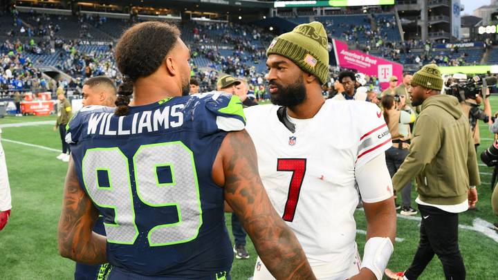 Nov 9, 2025; Seattle, Washington, USA; Arizona Cardinals quarterback Jacoby Brissett (7) greets Seattle Seahawks defensive end Leonard Williams (99) on the field after the game at Lumen Field. Mandatory Credit: Steven Bisig-Imagn Images Nov 9, 2025; Seattle, Washington, USA; Arizona Cardinals quarterback Jacoby Brissett (7) greets Seattle Seahawks defensive end Leonard Williams (99) on the field after the game at Lumen Field. Mandatory Credit: Steven Bisig-Imagn Images