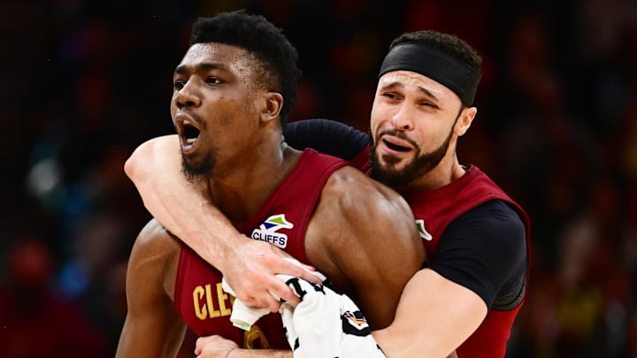 Apr 5, 2026; Cleveland, Ohio, USA; Cleveland Cavaliers center Thomas Bryant (3) and forward Larry Nance Jr. (22) celebrate after a basket by Bryant during the second half against the Indiana Pacers at Rocket Arena. Mandatory Credit: Ken Blaze-Imagn Images