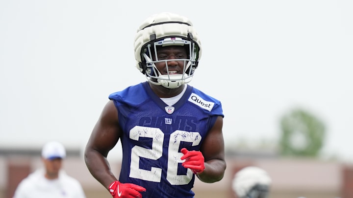 Jul 25, 2024; East Rutherford, NY, USA; New York Giants running back Devin Singletary (26) participates in a drill during training camp at Quest Diagnostics Training Center. Mandatory Credit: Lucas Boland-USA TODAY Sports