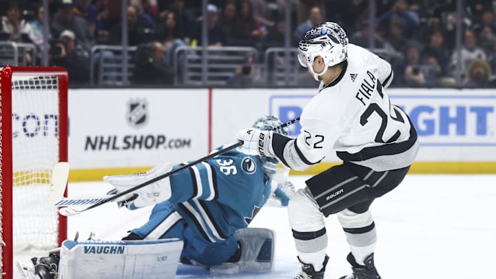 Dec 27, 2023; Los Angeles, California, USA; Los Angeles Kings left wing Kevin Fiala (22) scores a