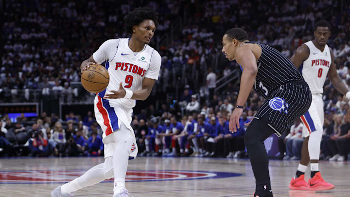 Apr 19, 2026; Detroit, Michigan, USA; Detroit Pistons guard Ausar Thompson (9) dribbles defended by Orlando Magic guard Desmond Bane (3) in the second half during the 2026 NBA Playoffs at Little Caesars Arena. Mandatory Credit: Rick Osentoski-Imagn Images