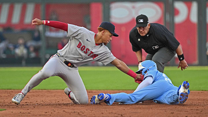 Boston Red Sox second baseman Kristian Campbell tags out Kansas City Royals left fielder Mark Canha attempting to steal second base in the third inning at Kauffman Stadium on May 10. Boston Red Sox second baseman Kristian Campbell tags out Kansas City Royals left fielder Mark Canha attempting to steal second base in the third inning at Kauffman Stadium on May 10.