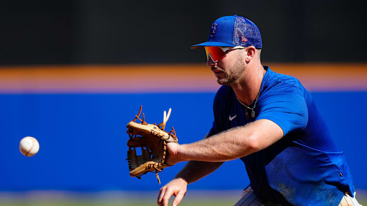 Feb 21, 2023; Port St. Lucie, FL, USA; New York Mets first baseman Pete Alonso (20) during spring training workouts. 