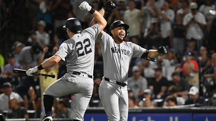 Aug 19, 2025; St. Petersburg, Florida, USA; New York Yankees right fielder fielder Giancarlo Stanton (27) celebrates with catcher Ben Rice (22) after hitting a solo home run in the first inning against the Tampa Bay Rays at George M. Steinbrenner Field. Mandatory Credit: Jonathan Dyer-Imagn Images Aug 19, 2025; St. Petersburg, Florida, USA; New York Yankees right fielder fielder Giancarlo Stanton (27) celebrates with catcher Ben Rice (22) after hitting a solo home run in the first inning against the Tampa Bay Rays at George M. Steinbrenner Field. Mandatory Credit: Jonathan Dyer-Imagn Images