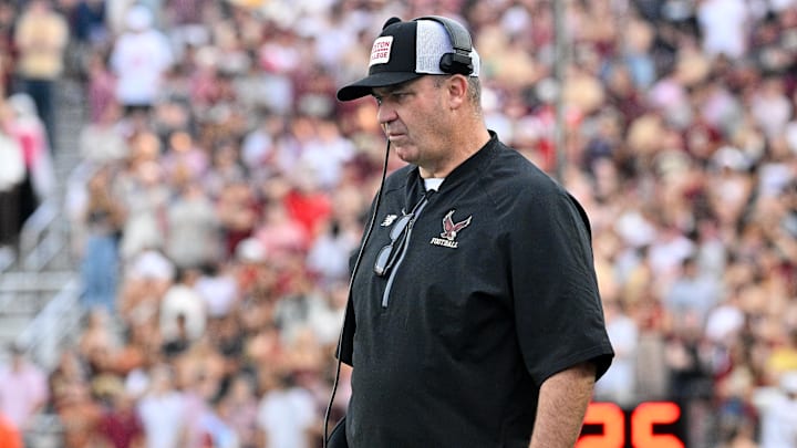Sep 27, 2025; Chestnut Hill, Massachusetts, USA; Boston College Eagles head coach Bill O'Brien on the sideline during the second half against the California Golden Bears at Alumni Stadium. Mandatory Credit: Eric Canha-Imagn Images
