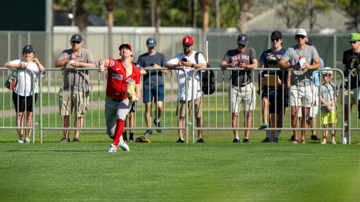 Feb 15, 2025; Lee County, FL; Boston Red Sox pitcher Walker Buehler (0) warms up before taking the field for spring training at Jet Blue Park at Fenway South. Mandatory Photo Credit: Chris Tilley-Imagn Images
