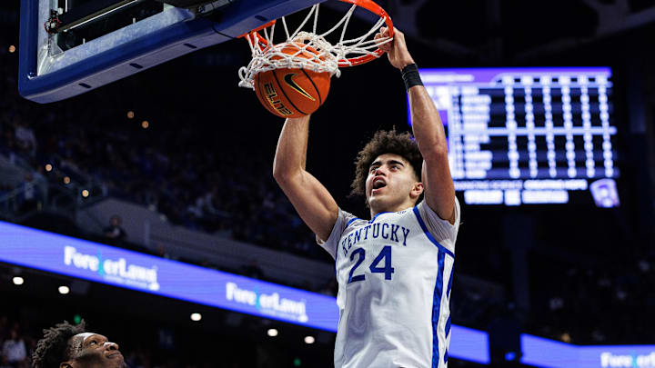 Jan 10, 2026; Lexington, Kentucky, USA; Kentucky Wildcats center Malachi Moreno (24) dunks the ball during the second half against the Mississippi State Bulldogs at Rupp Arena at Central Bank Center. 