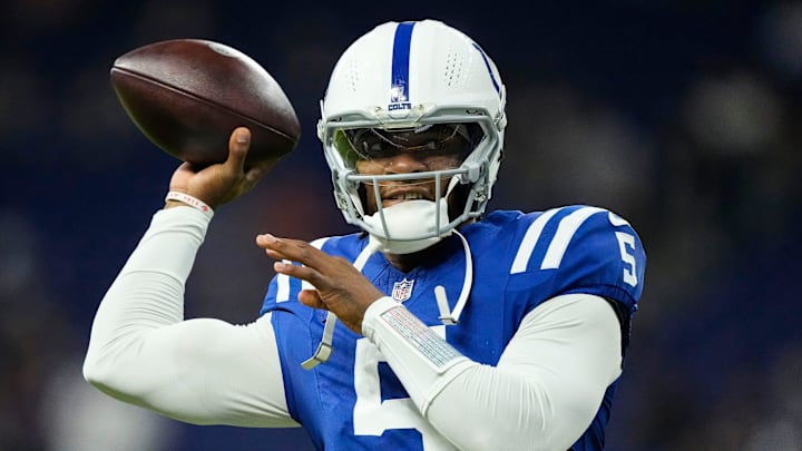 Indianapolis Colts quarterback Anthony Richardson (5) throws the ball Sunday, Sept. 22, 2024, ahead of game against the Chicago Bears at Lucas Oil Stadium in Indianapolis.