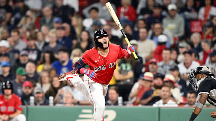 Sep 6, 2024; Boston, Massachusetts, USA; Boston Red Sox outfielder Wilyer Abreu (52) reacts after being hit by a pitch during the fourth inning of a game against the Chicago White Sox at Fenway Park. Sep 6, 2024; Boston, Massachusetts, USA; Boston Red Sox outfielder Wilyer Abreu (52) reacts after being hit by a pitch during the fourth inning of a game against the Chicago White Sox at Fenway Park.