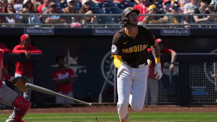 Mar 22, 2025; Peoria, Arizona, USA; San Diego Padres outfielder Jackson Merrill (3) hits against the Cincinnati Reds in the fourth inning at Peoria Sports Complex. Mandatory Credit: Rick Scuteri-Imagn Images Mar 22, 2025; Peoria, Arizona, USA; San Diego Padres outfielder Jackson Merrill (3) hits against the Cincinnati Reds in the fourth inning at Peoria Sports Complex. Mandatory Credit: Rick Scuteri-Imagn Images