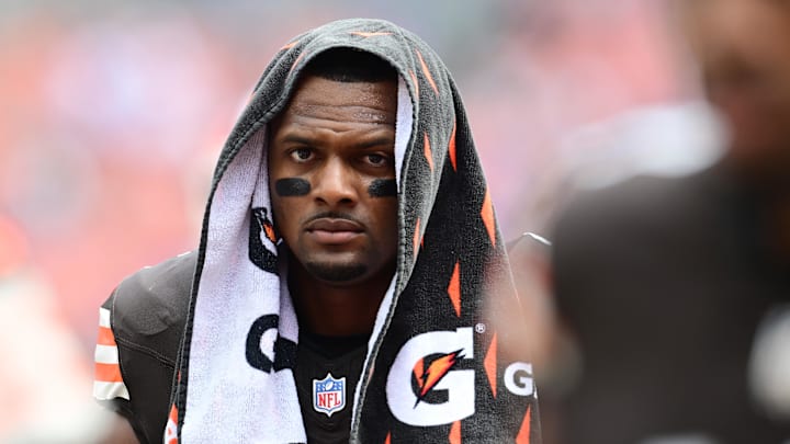 Sep 22, 2024; Cleveland, Ohio, USA; Cleveland Browns quarterback Deshaun Watson (4) walks off the field before the game between the Browns and the New York Giants at Huntington Bank Field. Mandatory Credit: Ken Blaze-Imagn Images